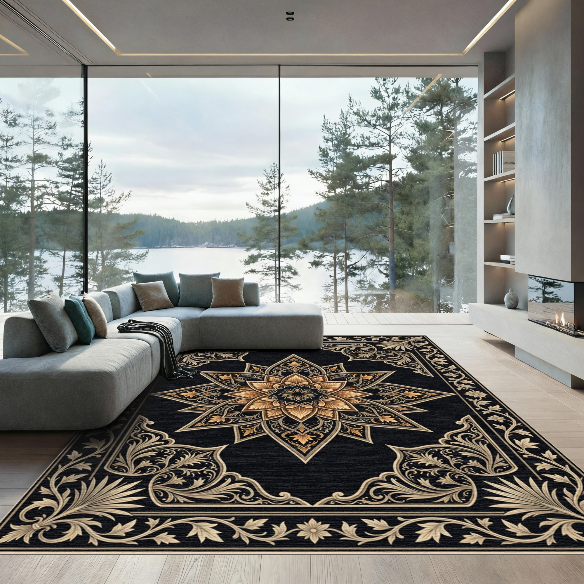 Ornate Gold Black Floral Medallion Rug