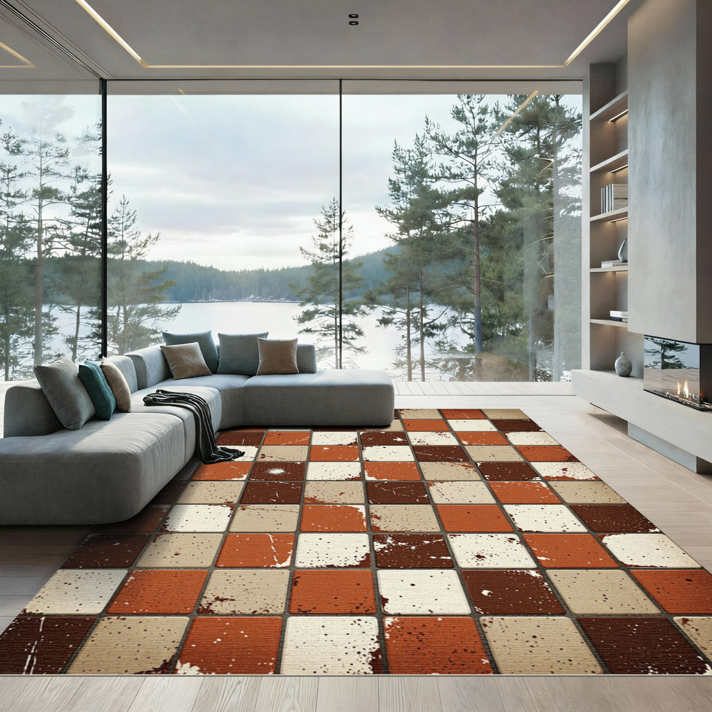 Rustic Earthy Tones Checkered Grid Rug