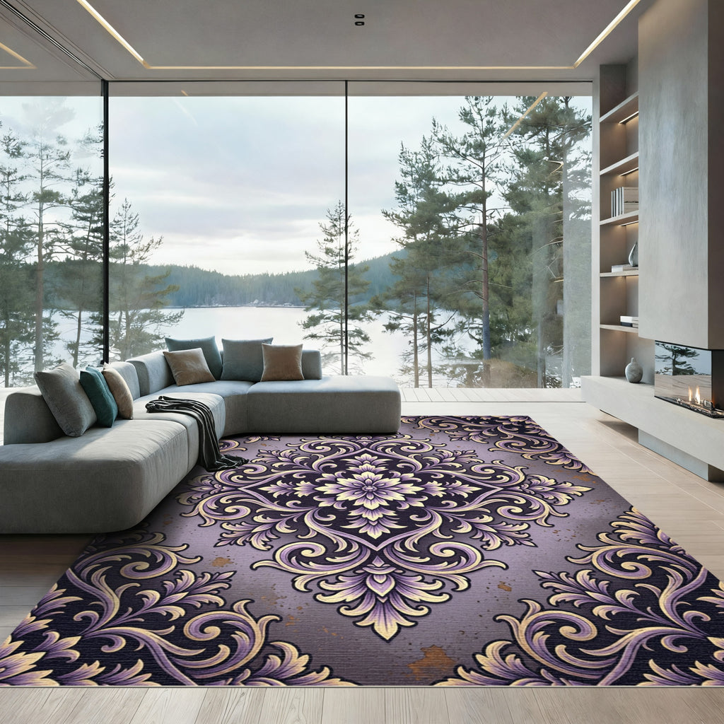 Elegant Violet Gold Floral Damask Rug