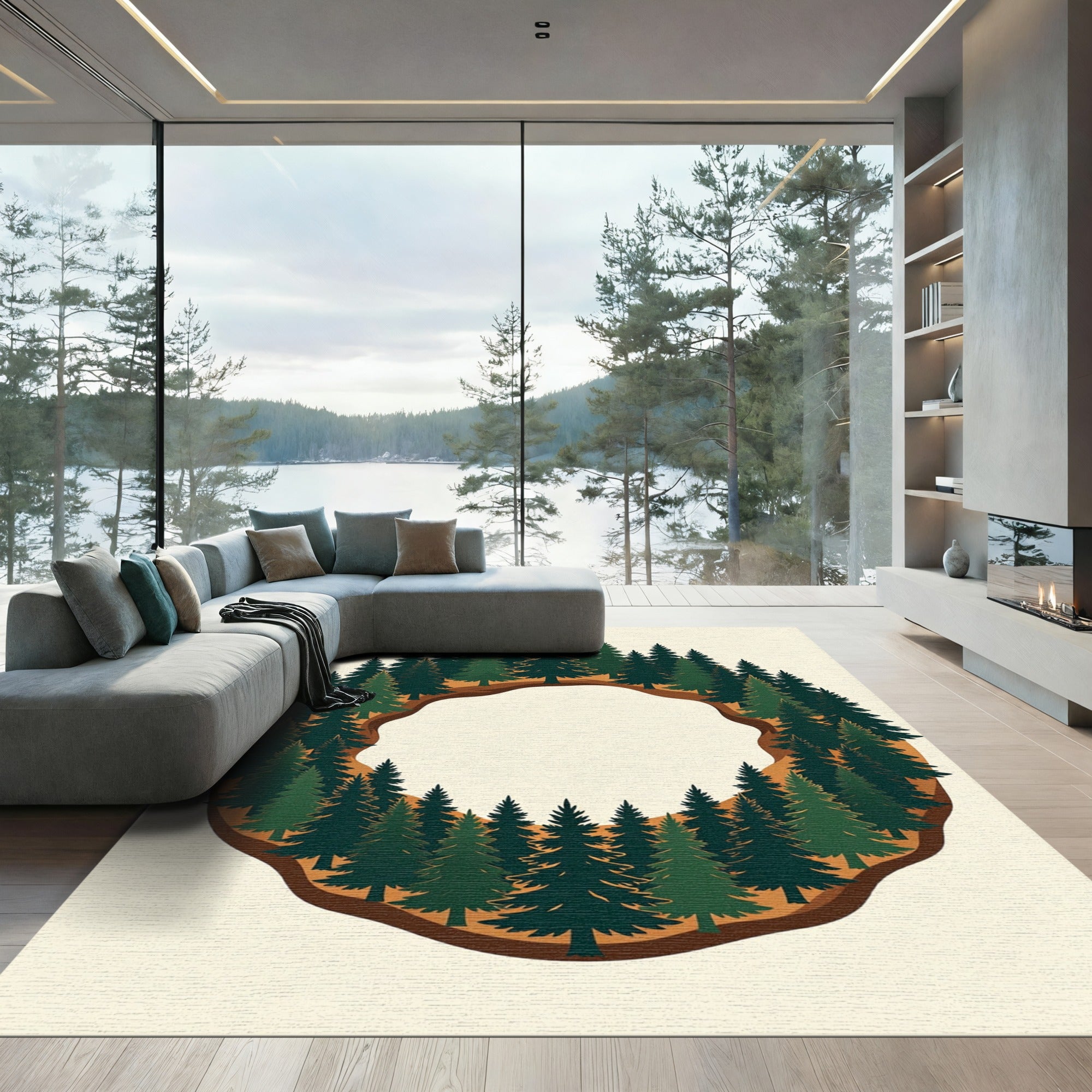 Circular Pine Forest Woodland Wreath Rug