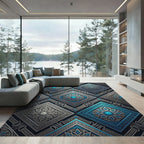 Celestial Blue Geometric Diamond Medallion Rug
