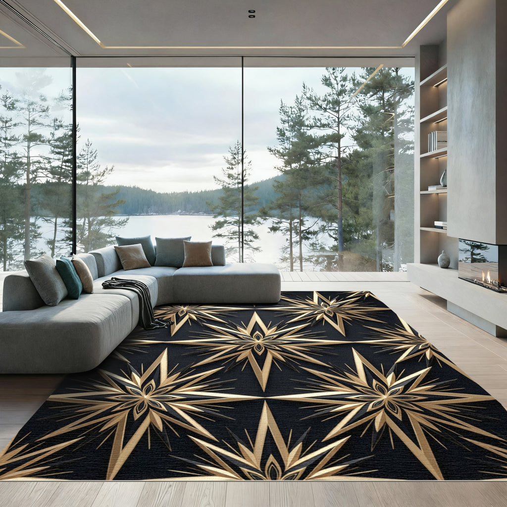 Luxurious Gold Celestial Star Geometric Rug