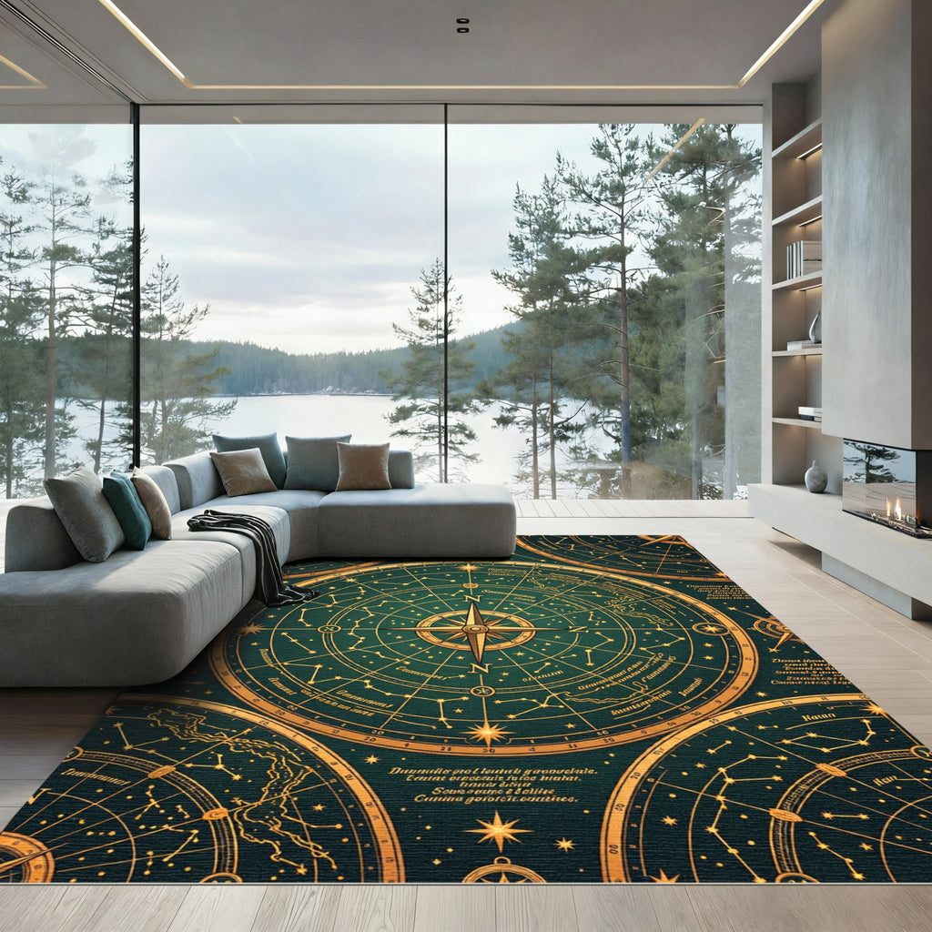 Emerald Gold Celestial Compass Map Rug