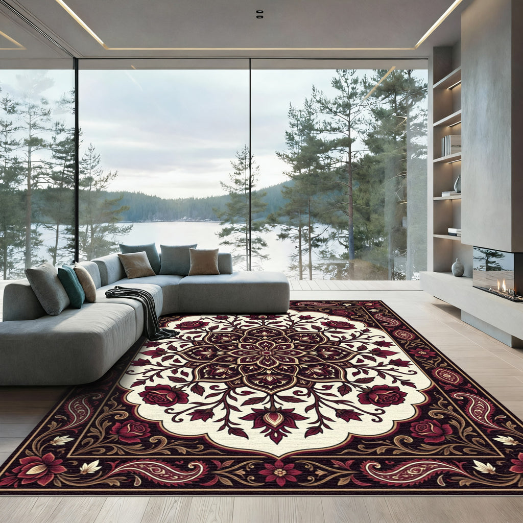 Burgundy Crimson Floral Paisley Medallion Rug