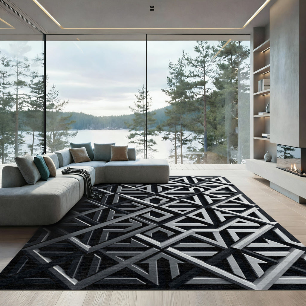 Monochromatic Geometric Lattice 3D Art Rug