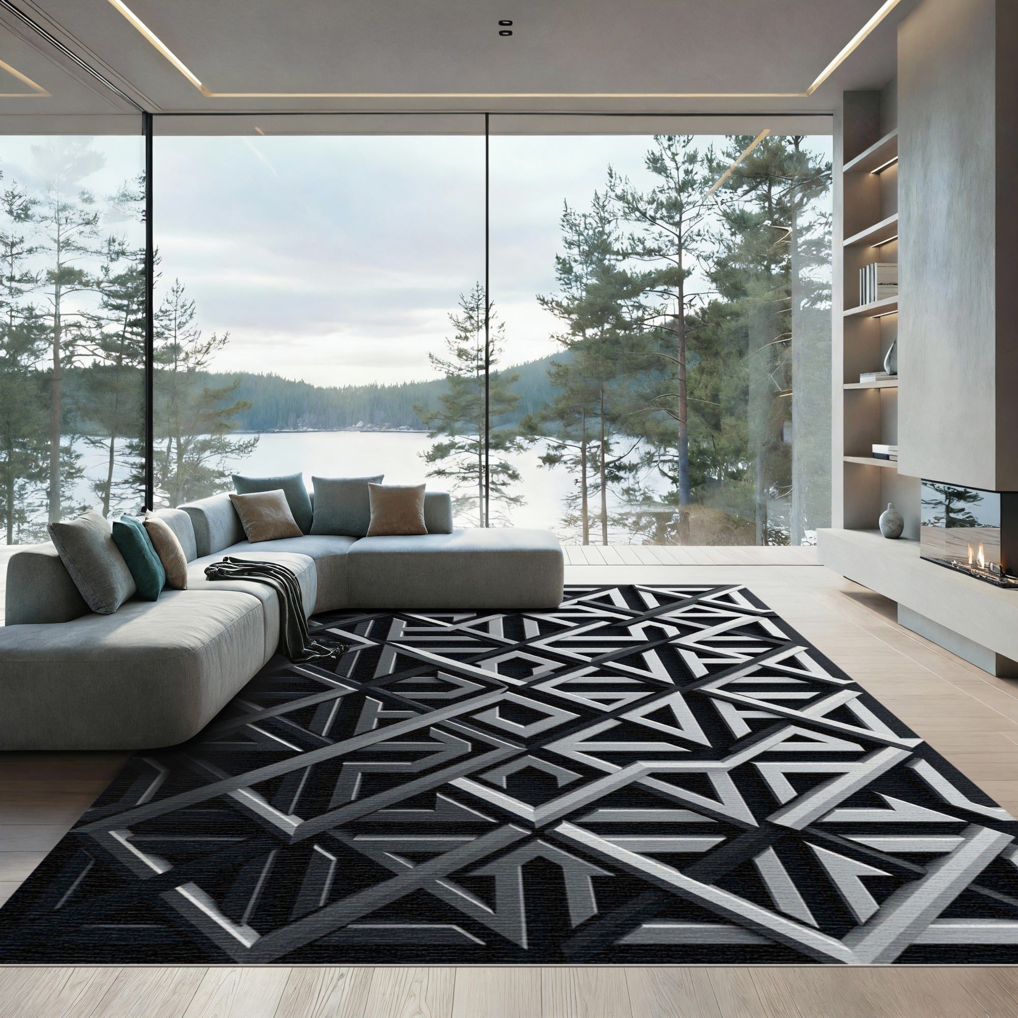 Monochromatic Geometric Lattice 3D Art Rug