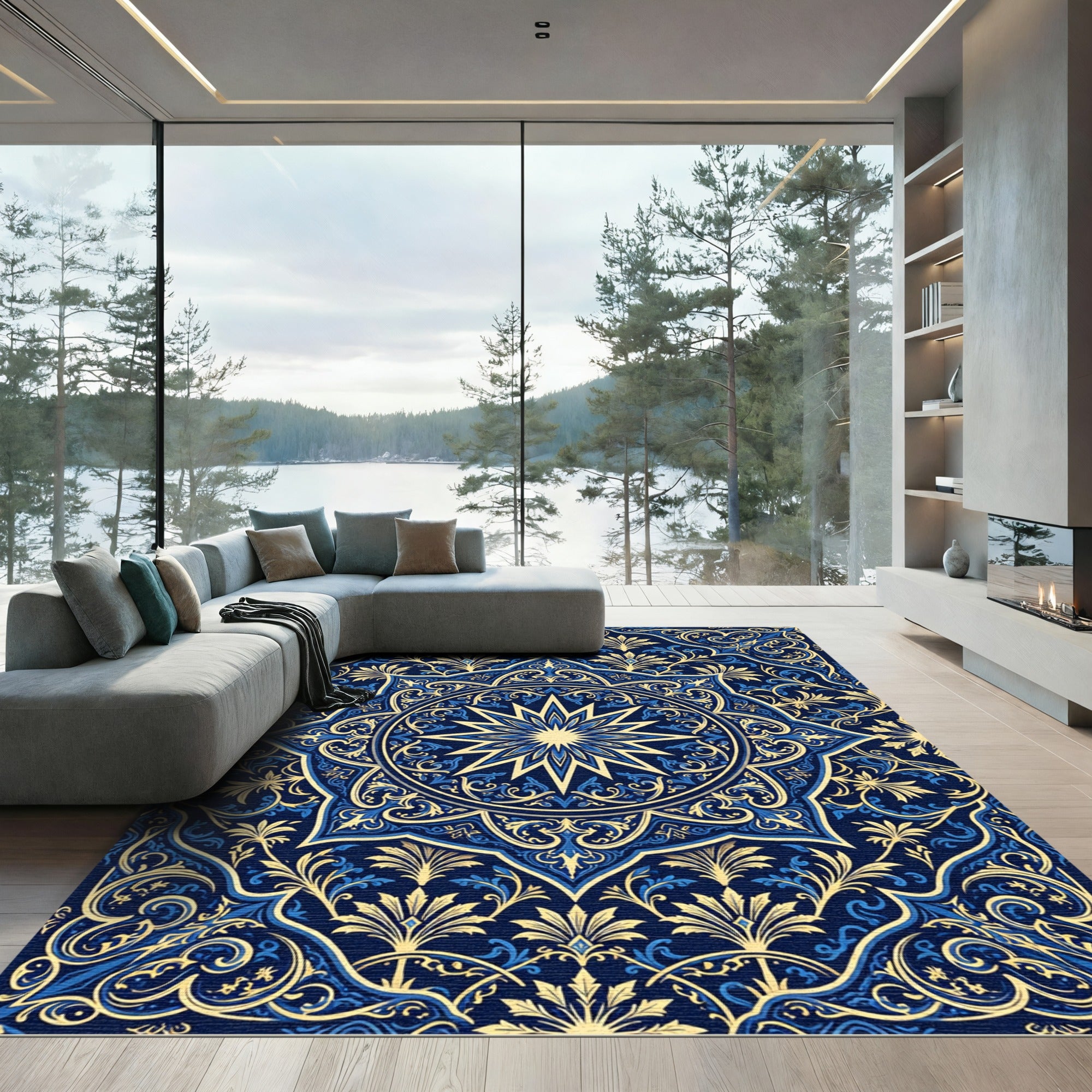 Navy Blue Golden Radiant Star Medallion Rug