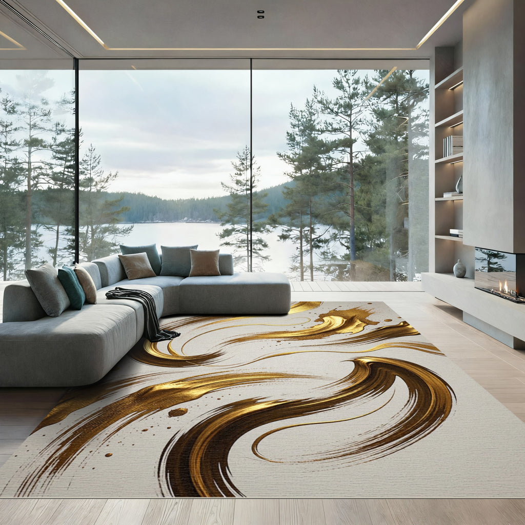 Elegant Golden Swirl Abstract Art Rug