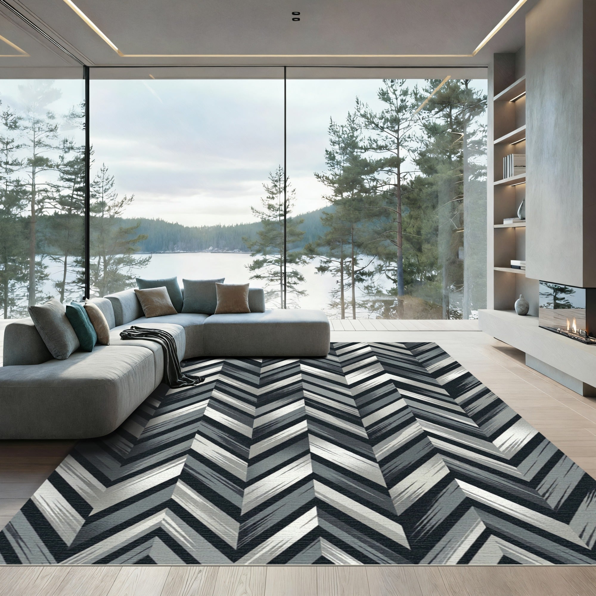 Monochrome Charcoal and Silver Chevron Rug