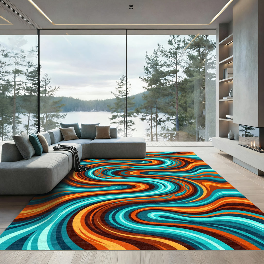 Vibrant Cyan and Burnt Orange Serpentine Flow Rug