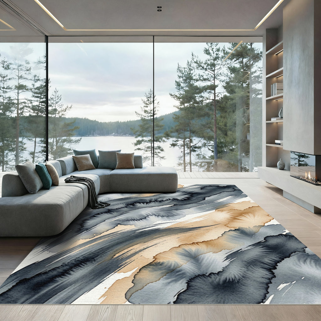 Modern Charcoal and Sand Abstract Watercolor Wave Rug