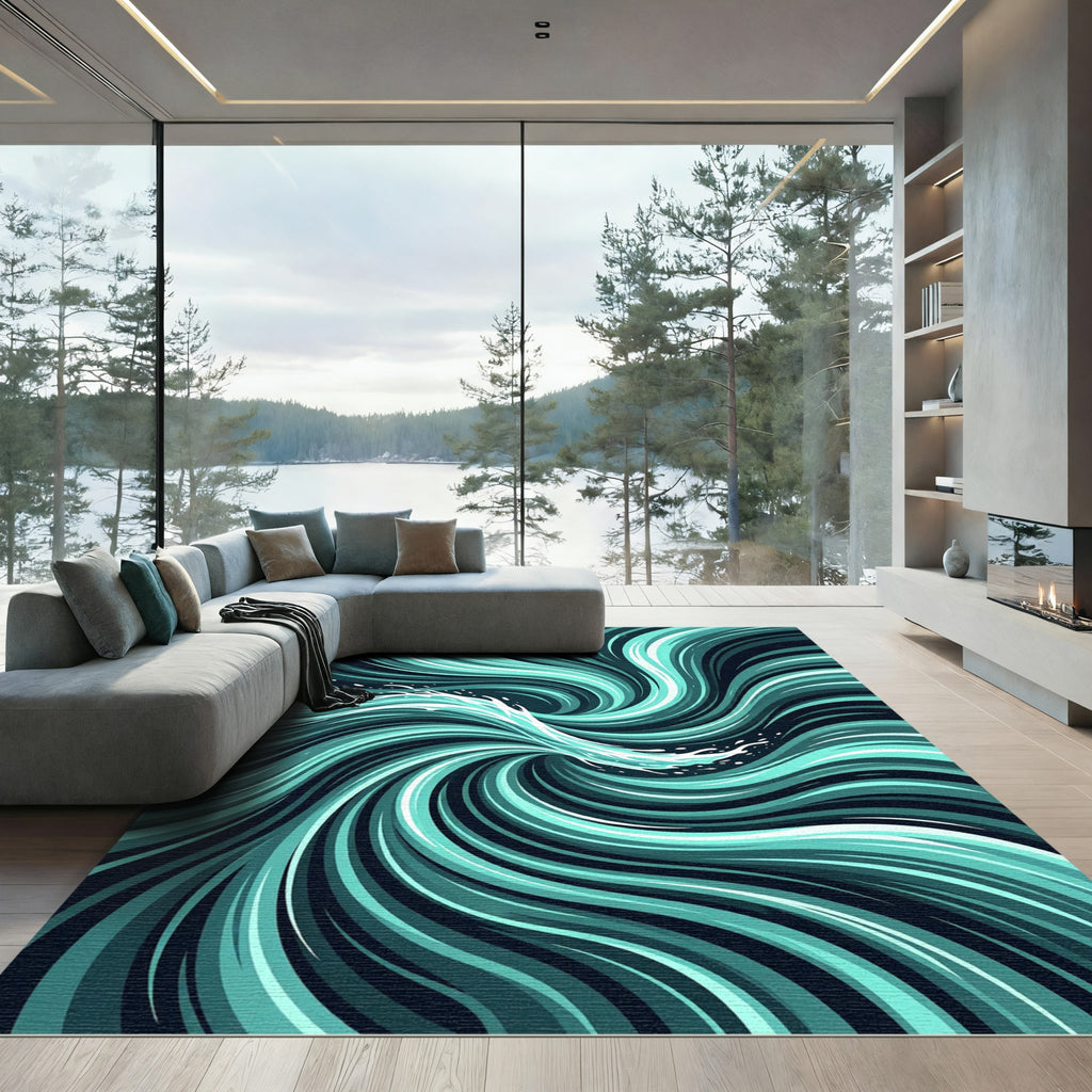 Teal Abstract Swirling Ocean Wave Rug