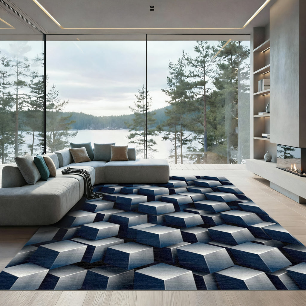 Metallic Blue Isometric Geometric Cube Art Rug