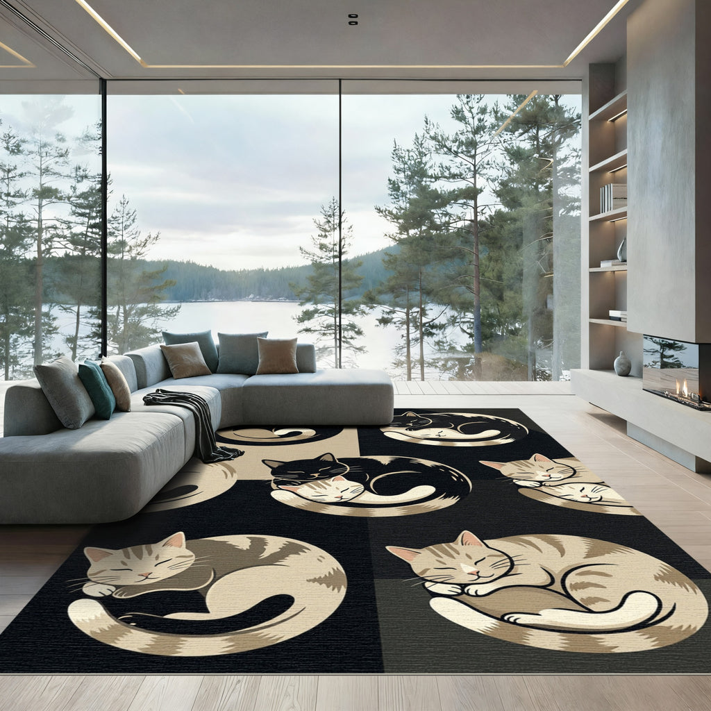 Charming Sleeping Cats Monochrome Art Rug