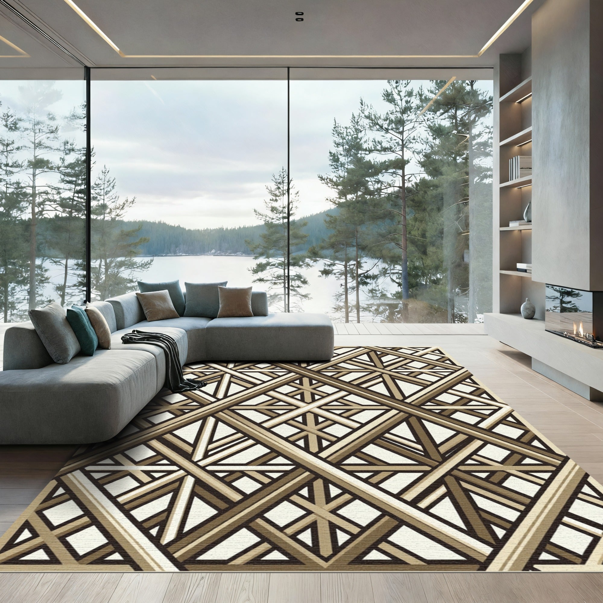 Geometric Bronze Interlocking Lattice Art Rug