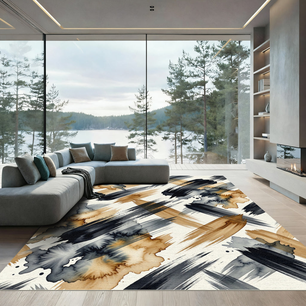 Black and Gold Abstract Brushstroke Rug