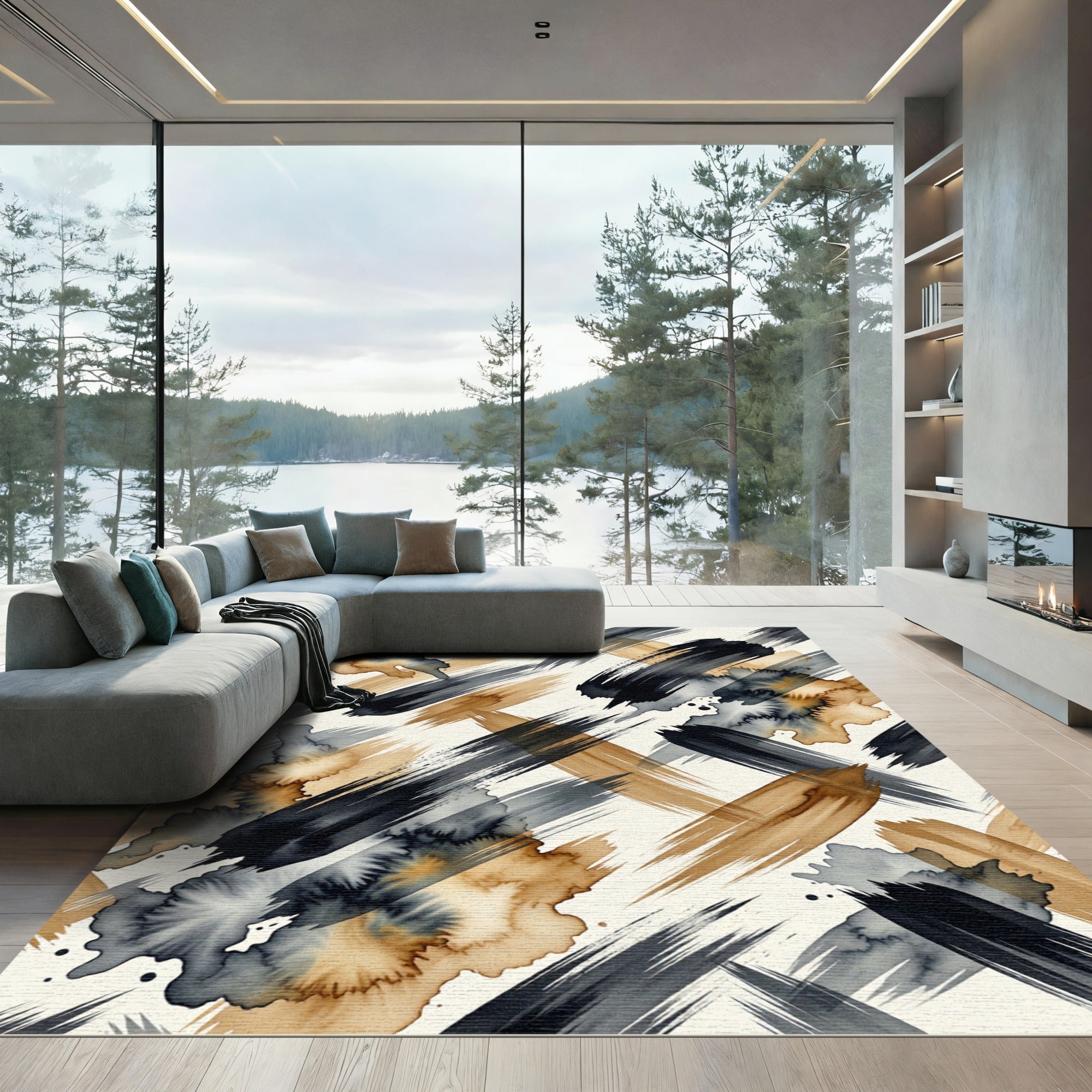 Black and Gold Abstract Brushstroke Rug