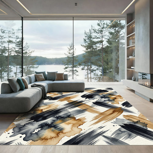 Black and Gold Abstract Brushstroke Rug