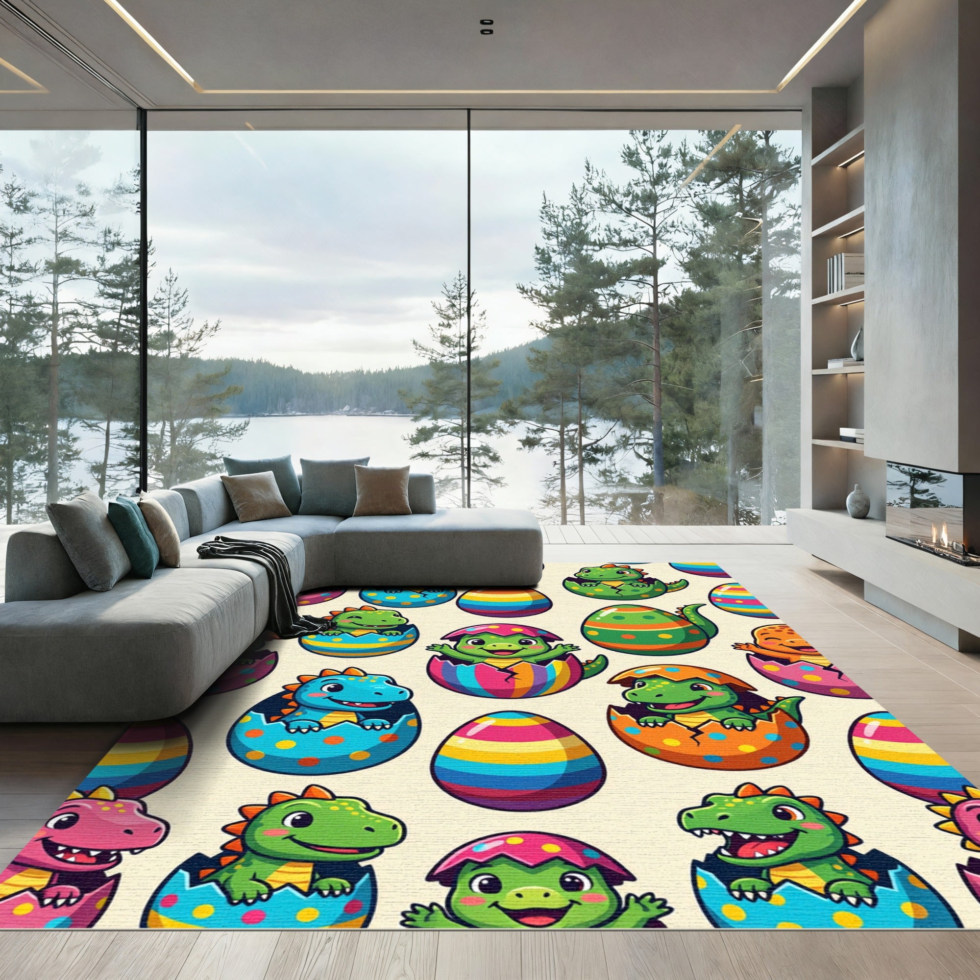 Playful Colorful Hatching Dinosaur Easter Eggs Rug