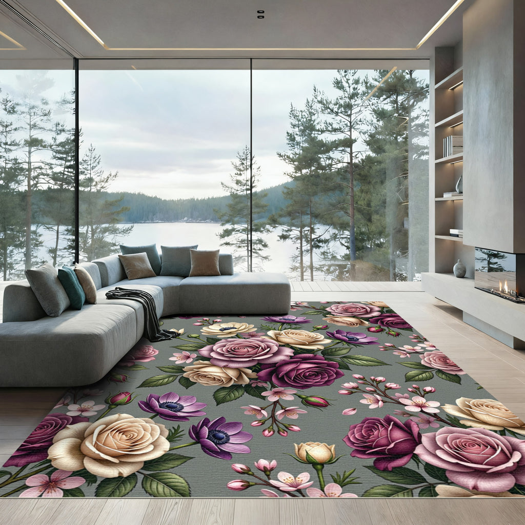 Rich Plum Rose Blossom Bouquet Rug