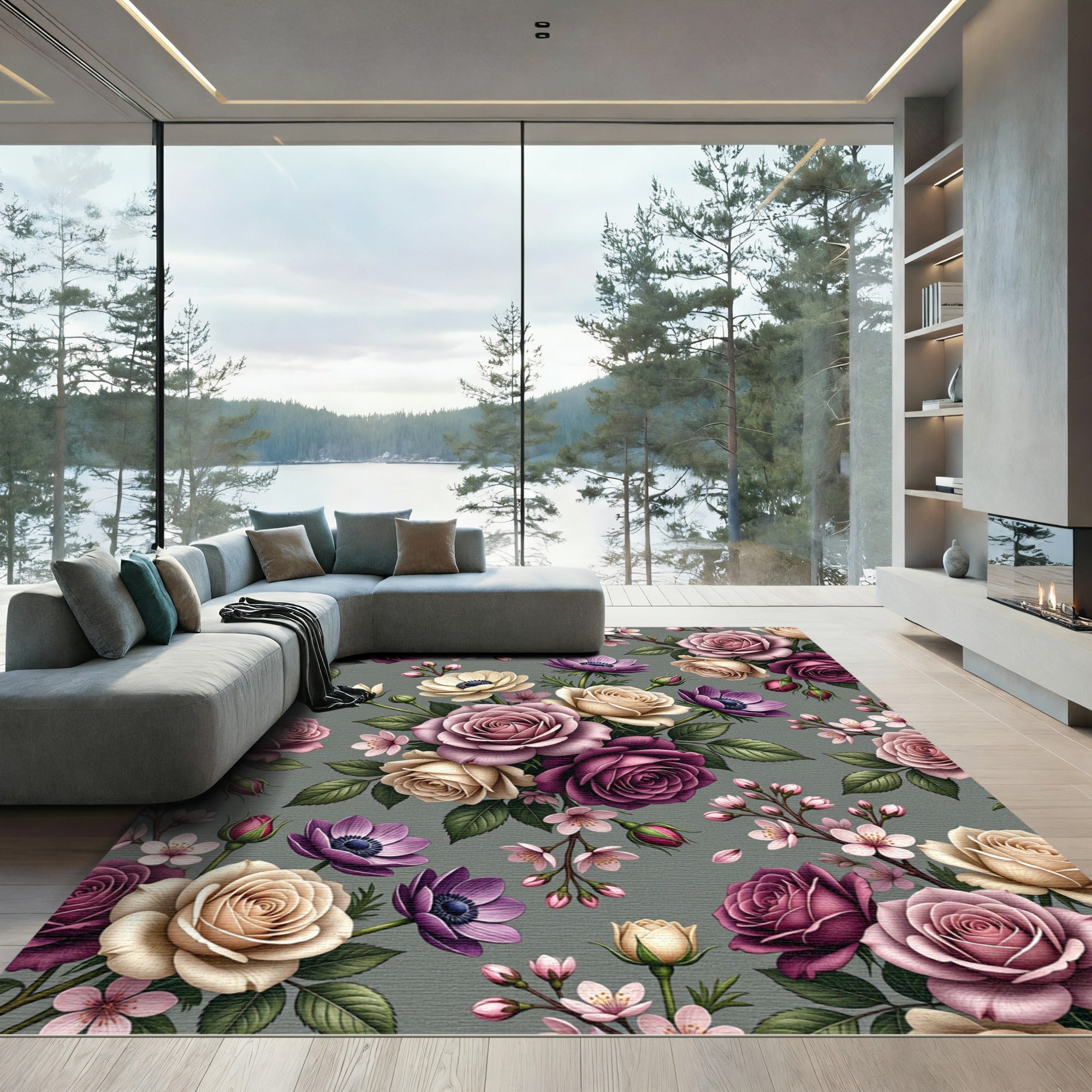 Rich Plum Rose Blossom Bouquet Rug