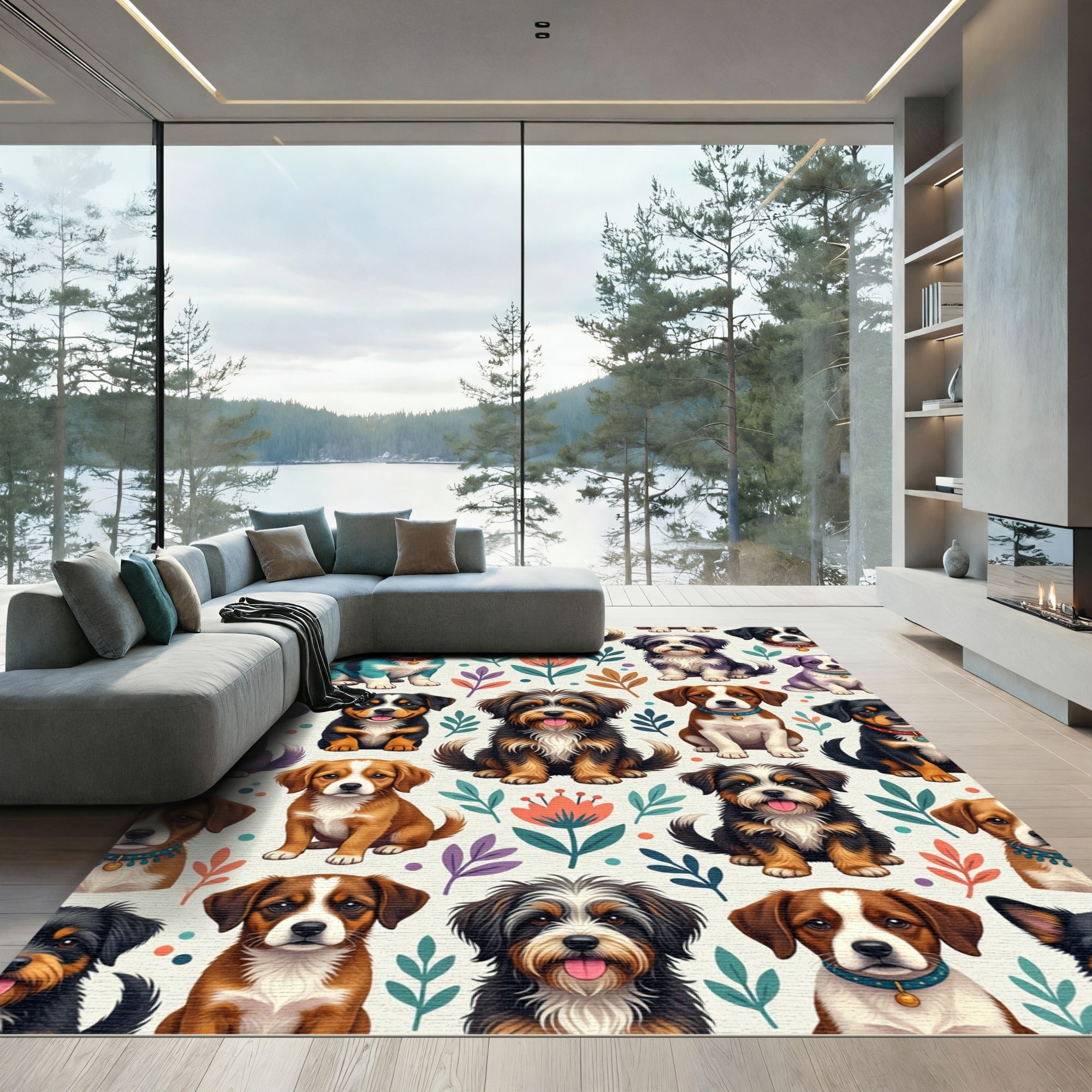 Whimsical Colorful Puppy and Floral Illustration Rug