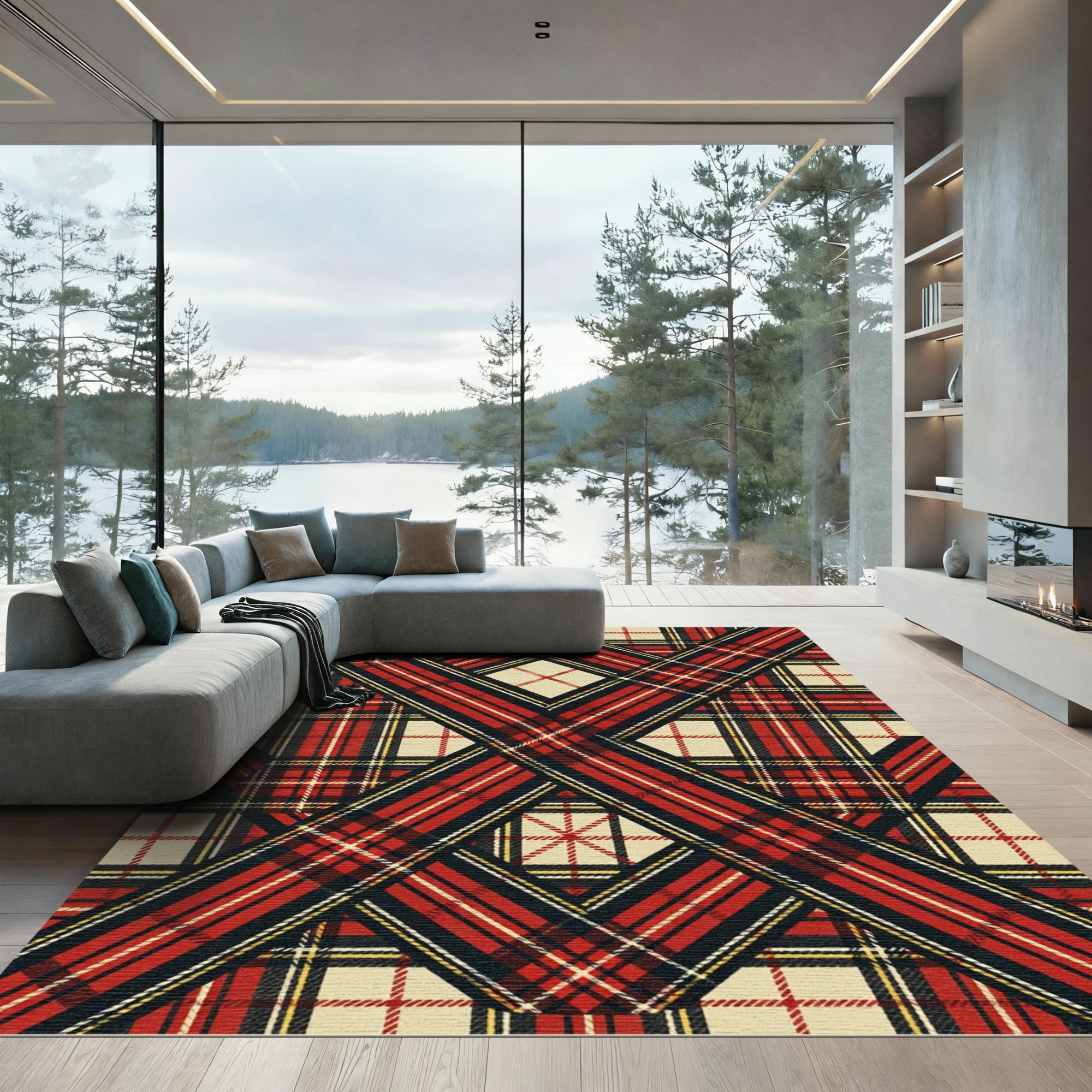 Red Tan Black Plaid Interwoven Lines Rug