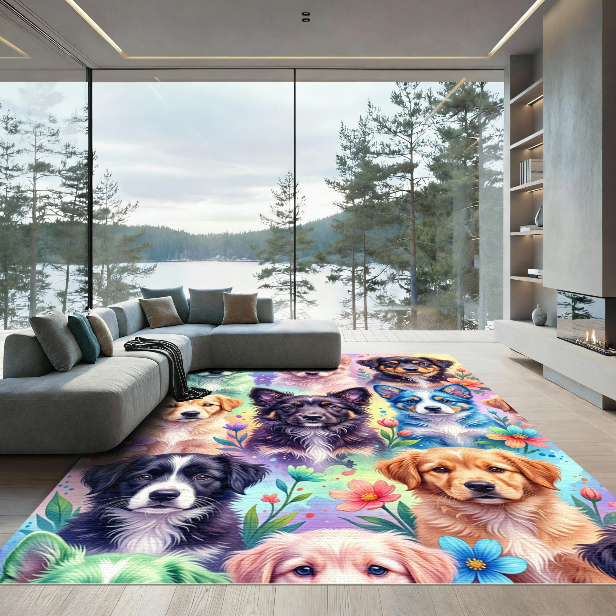 Whimsical Colorful Puppy Garden Art Rug