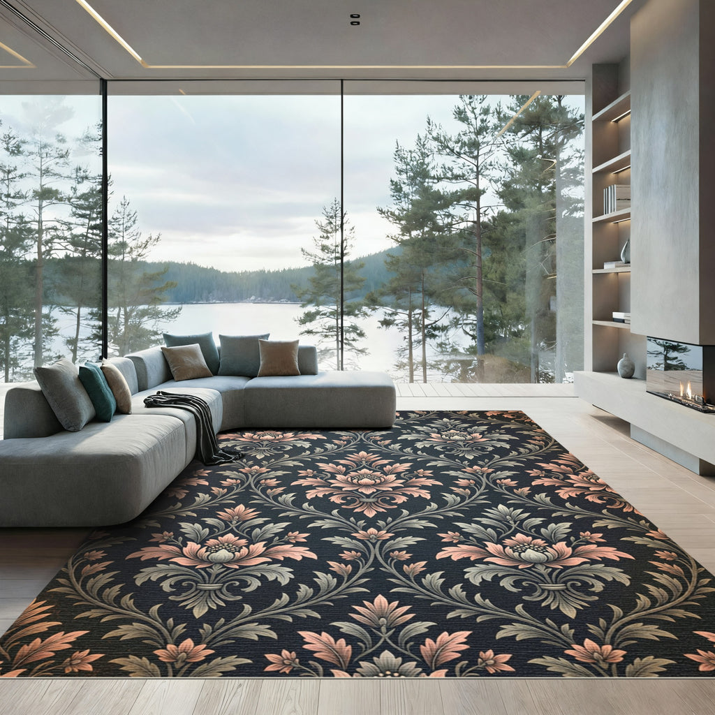 Dark Floral Damask Scrollwork Romance Rug
