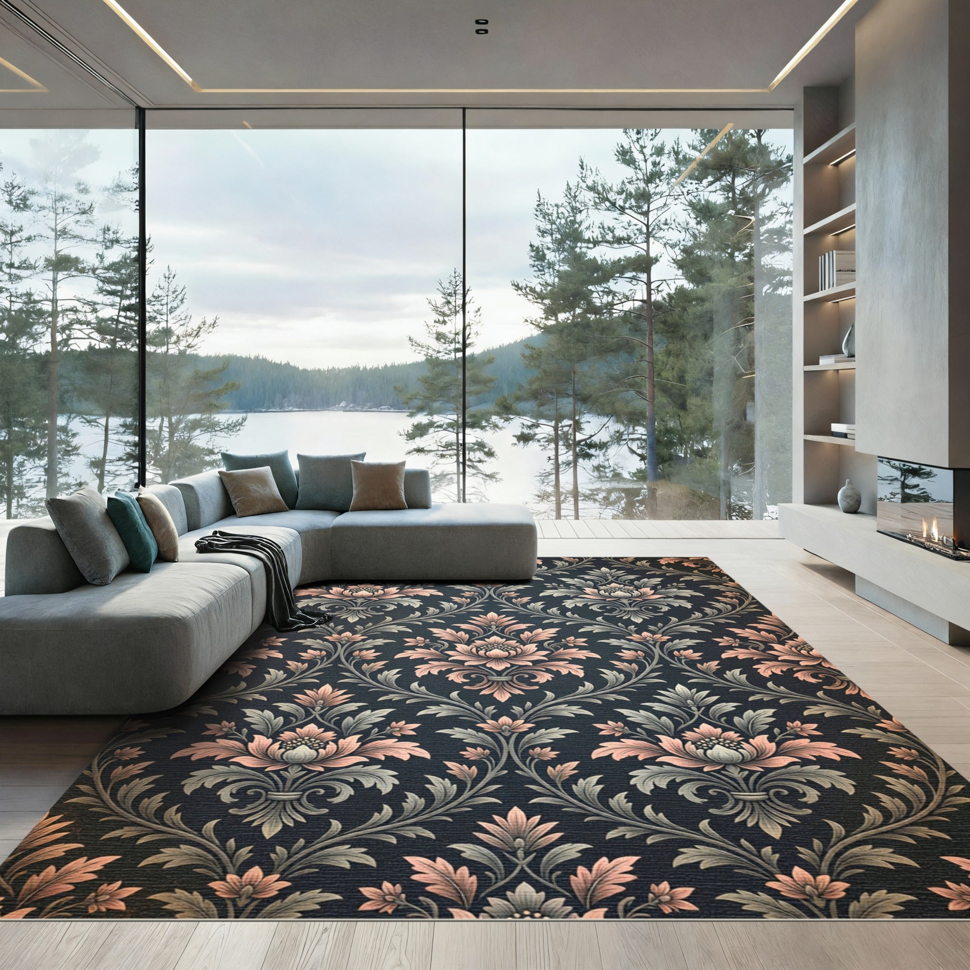 Dark Floral Damask Scrollwork Romance Rug