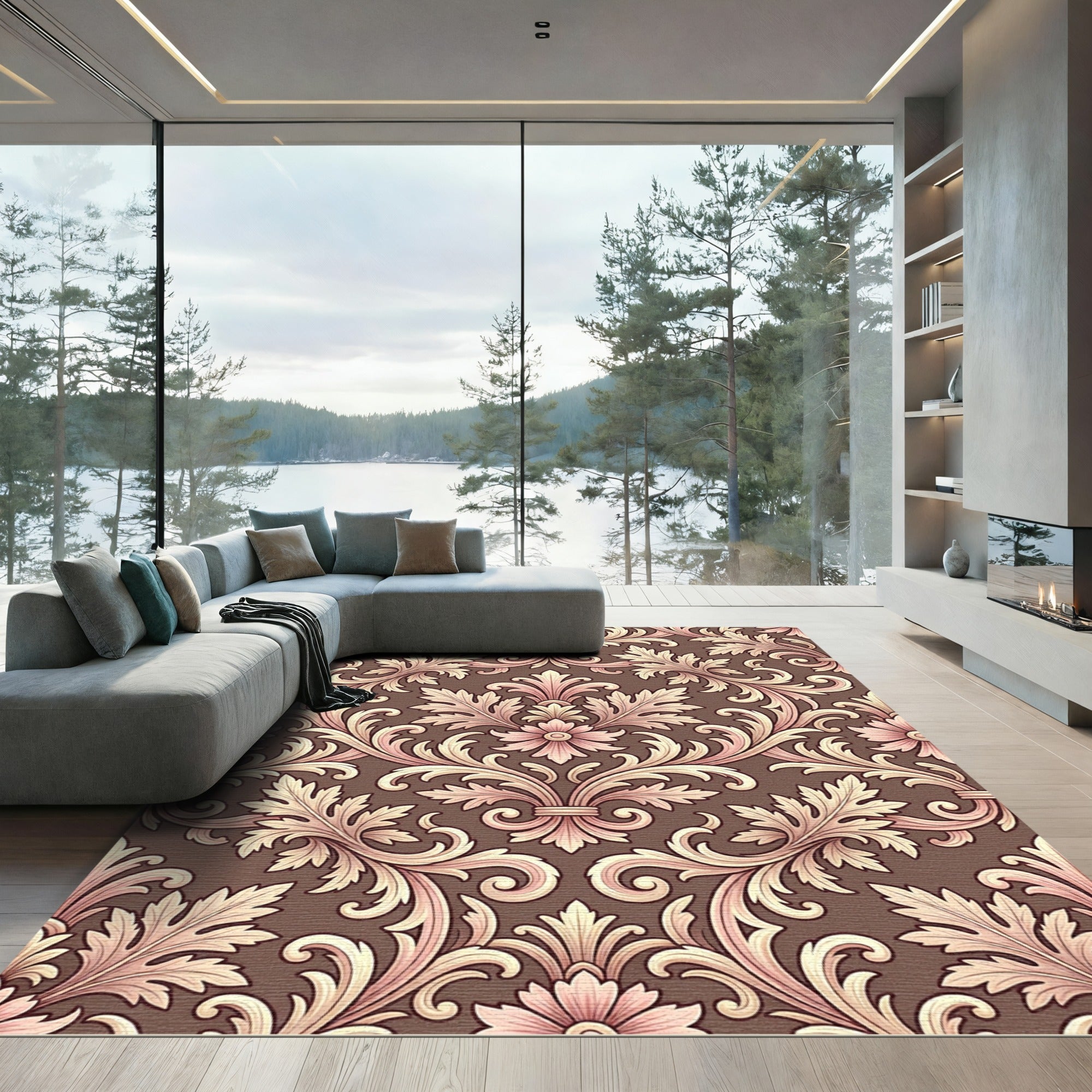 Ornate Brown Pink Acanthus Scroll Rug