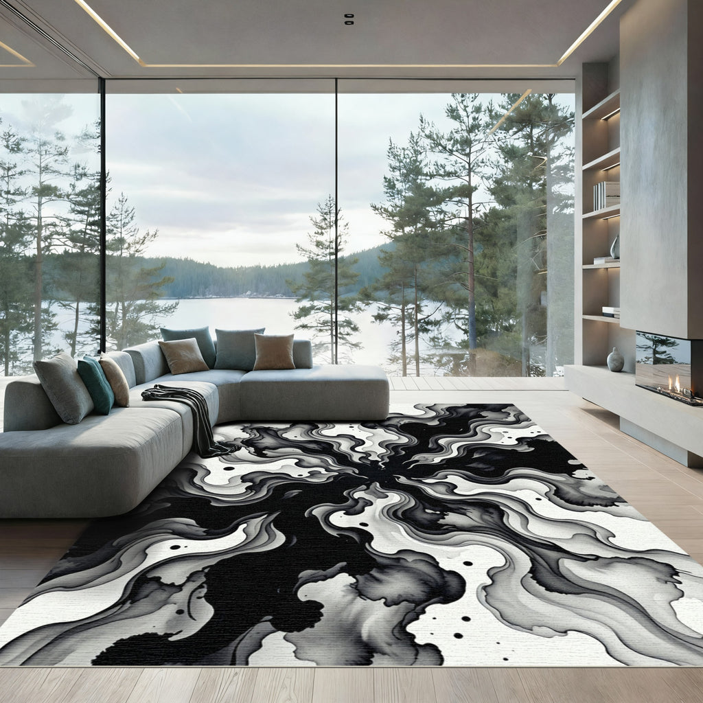 Monochrome Abstract Ink Flow Swirl Rug