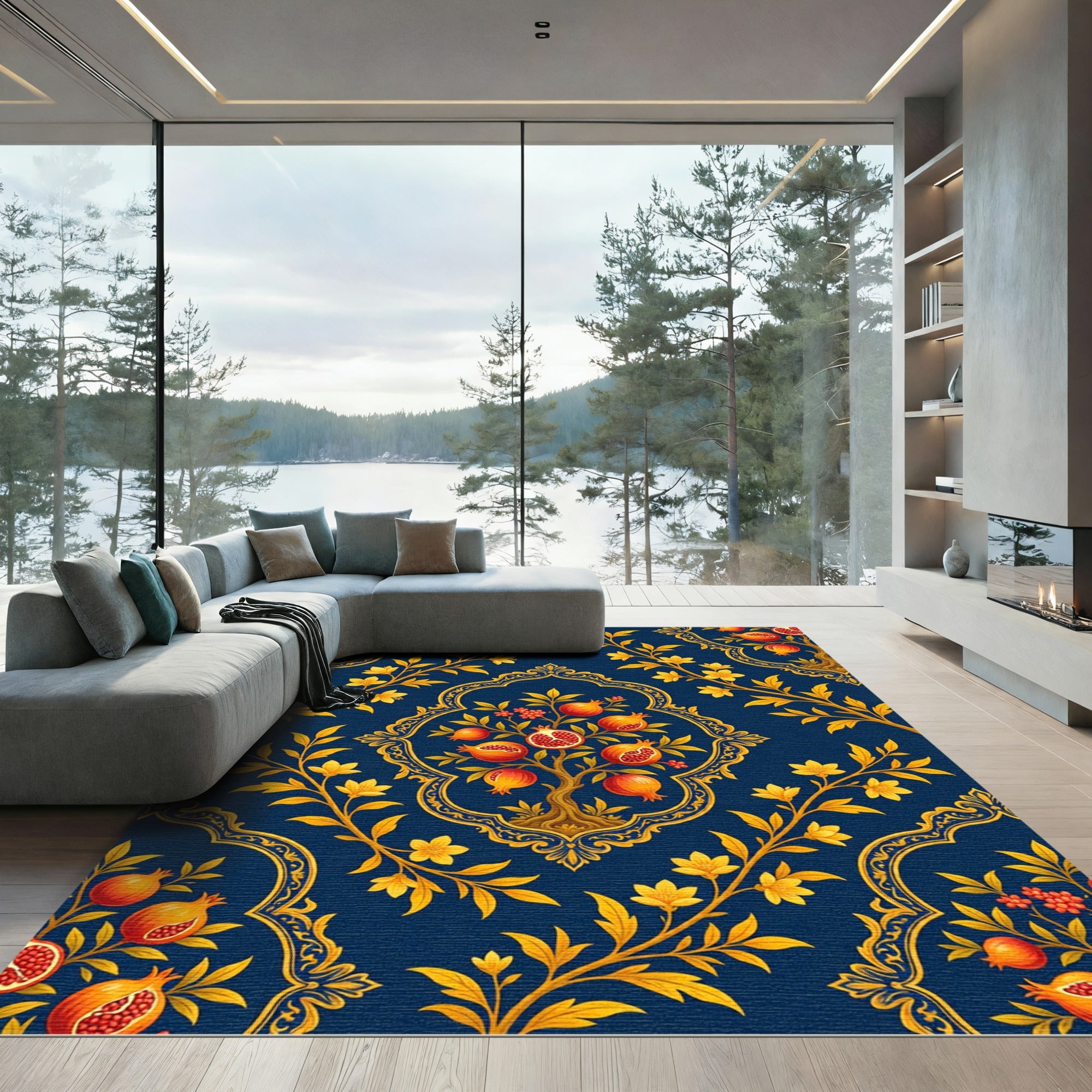Navy Golden Pomegranate Tree Damask Rug