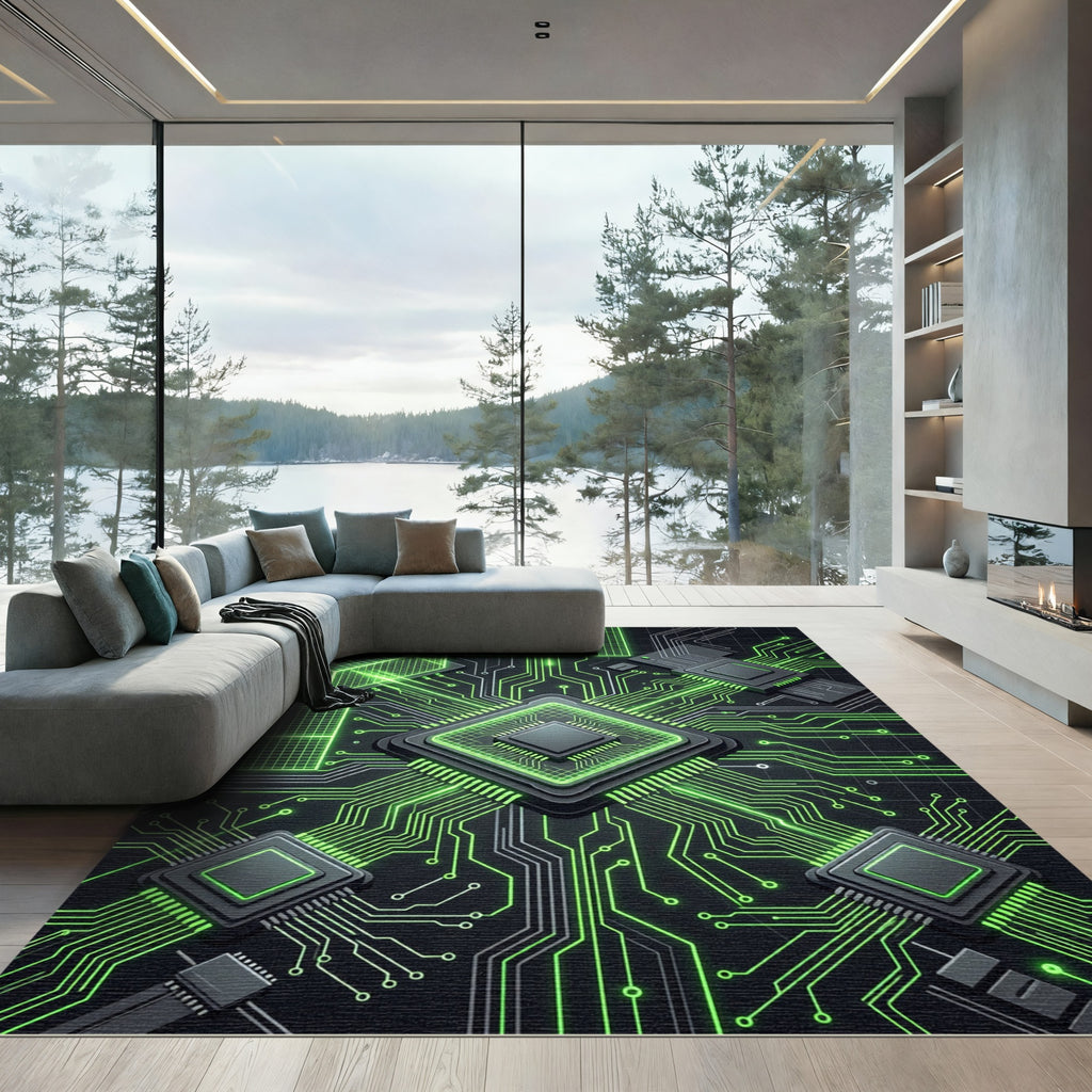 Neon Cyber Grid Circuitry Futuristic Art Rug