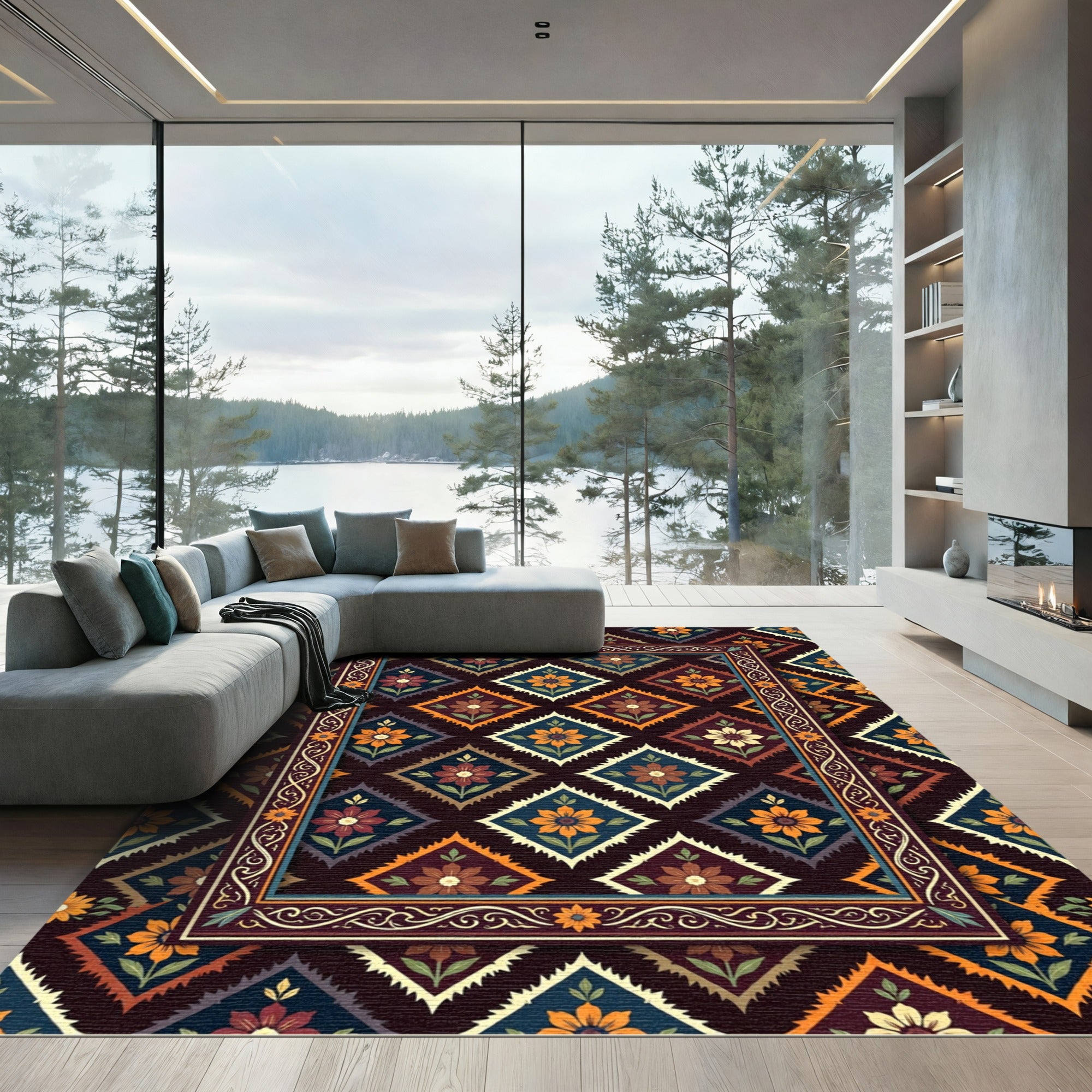 Earthy Floral Diamond Geometric Tapestry Rug