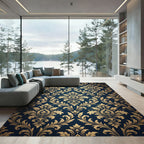 Elegant Navy Gold Damask Scroll Rug