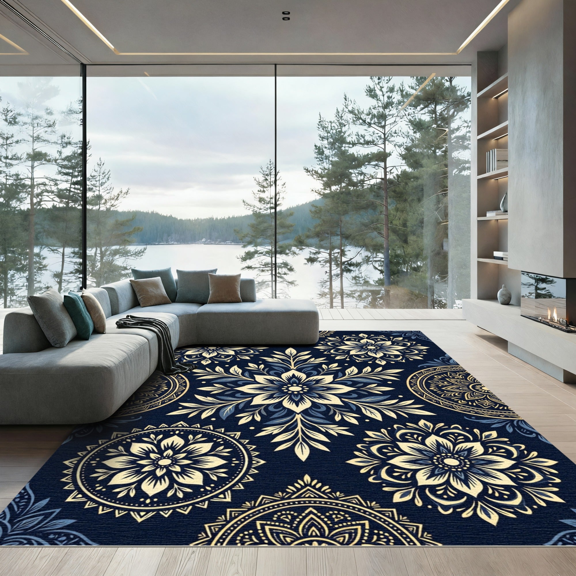 Midnight Navy Floral Gold Mandala Rug