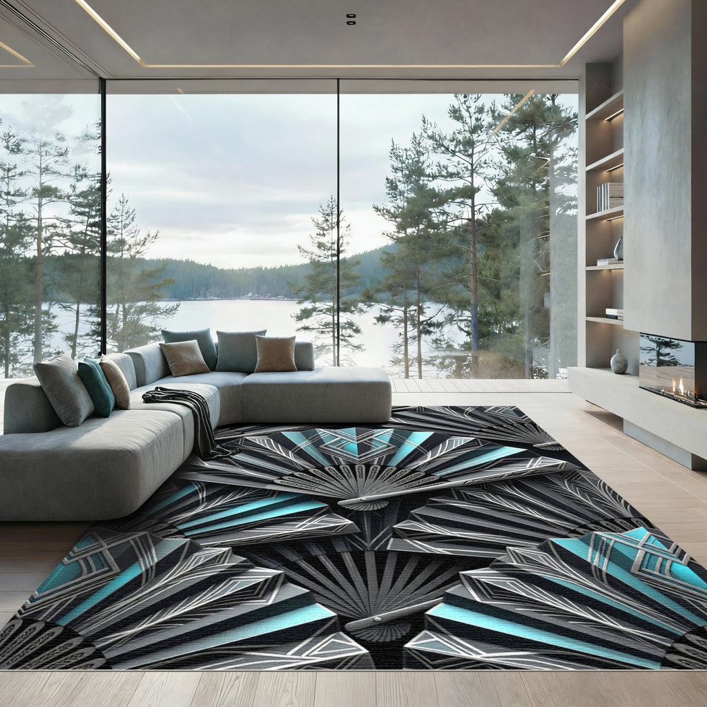 Art Deco Teal Geometric Fan Arrangement Rug