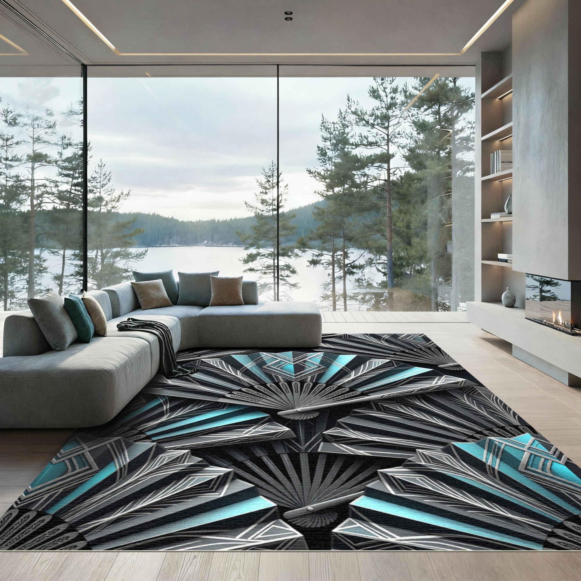 Art Deco Teal Geometric Fan Arrangement Rug