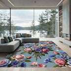 Pink Roses Blue Cornflower Bouquet Rug