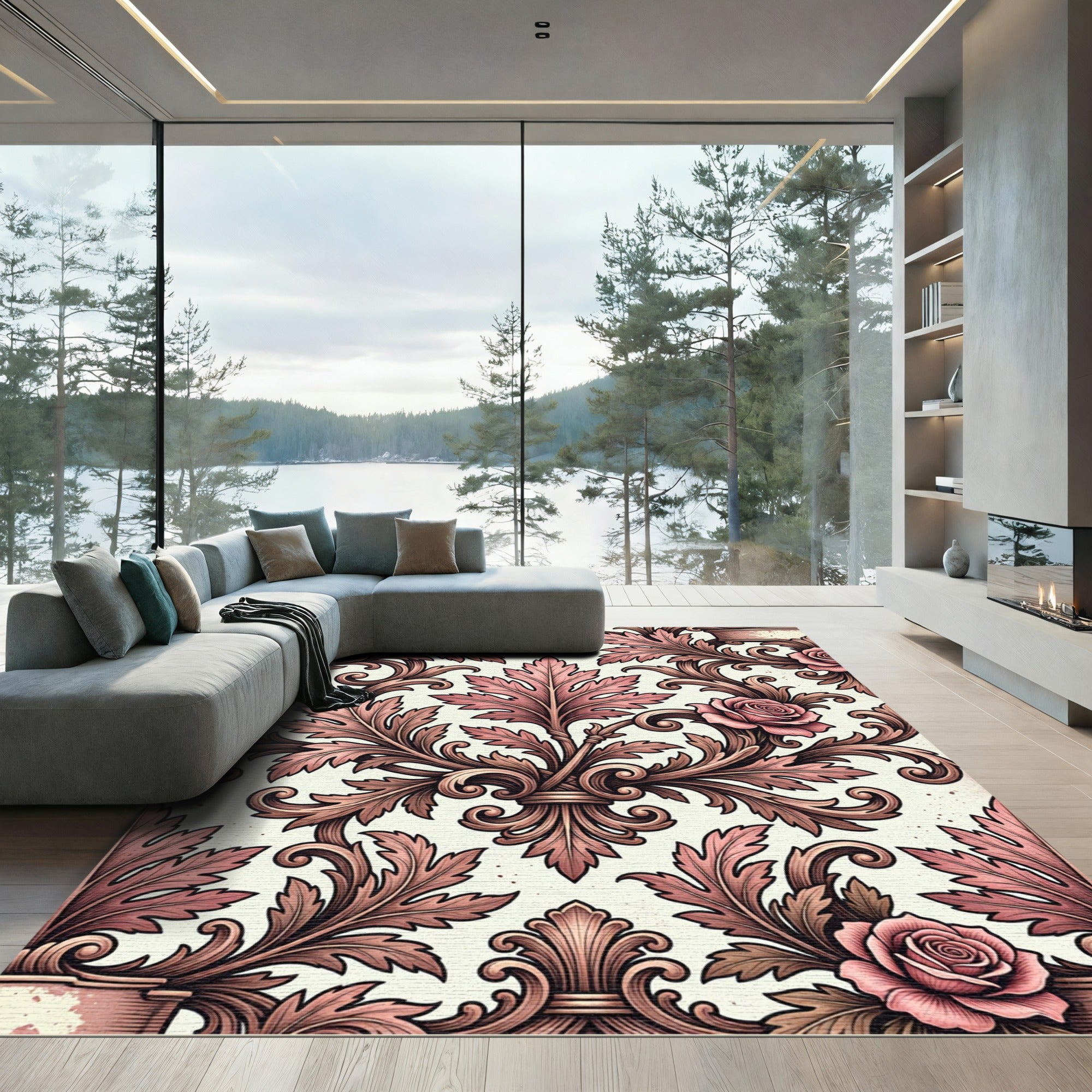 Vintage Pink Floral Acanthus Swirls Rug