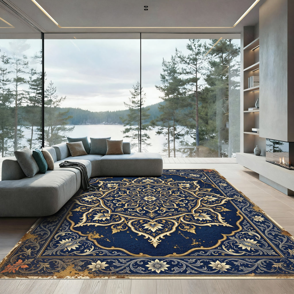 Midnight Blue Ornate Gold Floral Medallion Rug