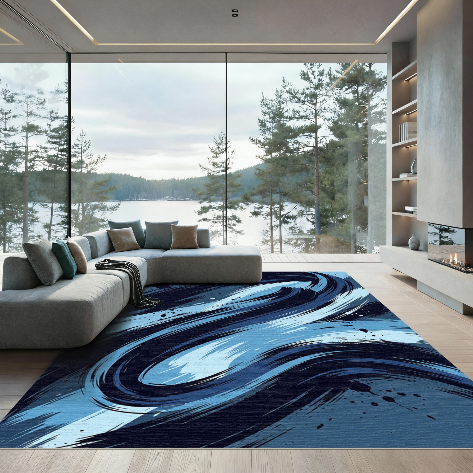 Swirling Azure Ink Abstract Wave Rug