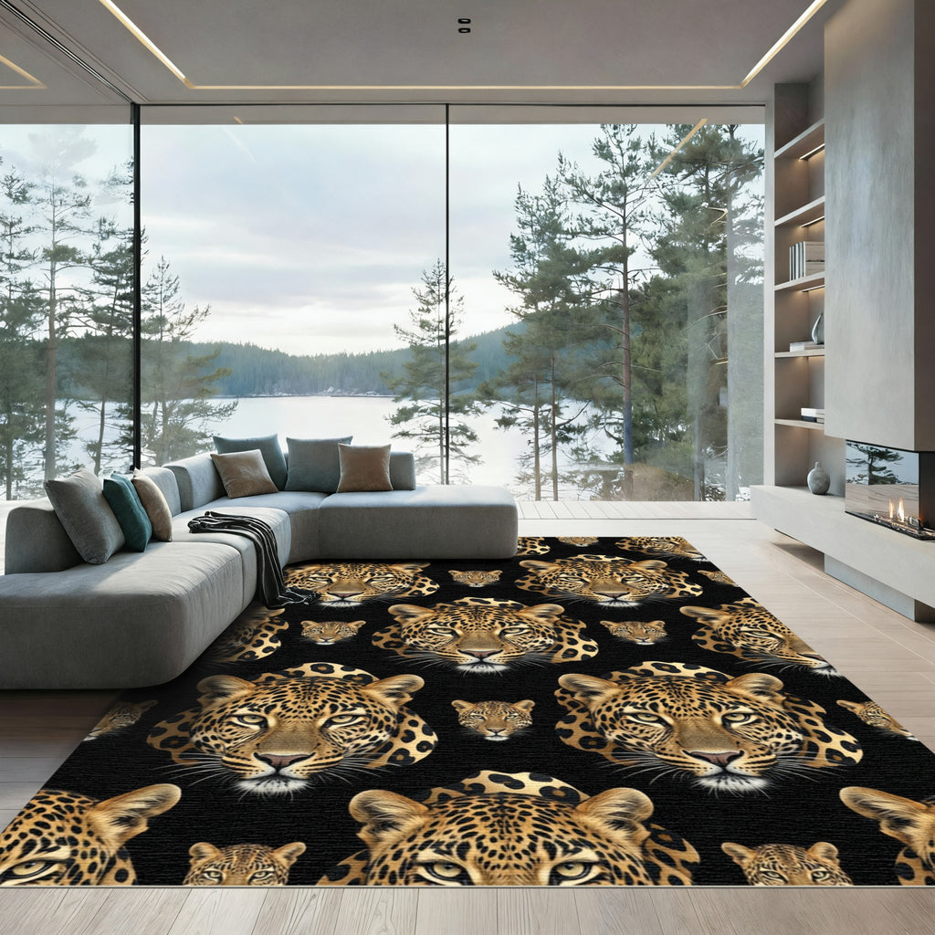 Majestic Leopard Faces Black Background Rug