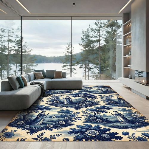 Blue White Pastoral Landscape Scene Rug