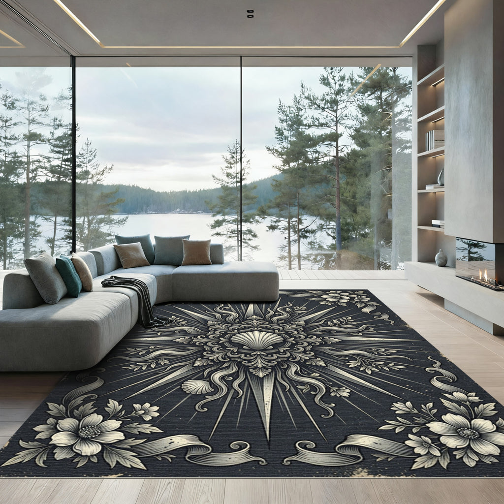 Vintage Charcoal Seashell Sunburst Damask Rug
