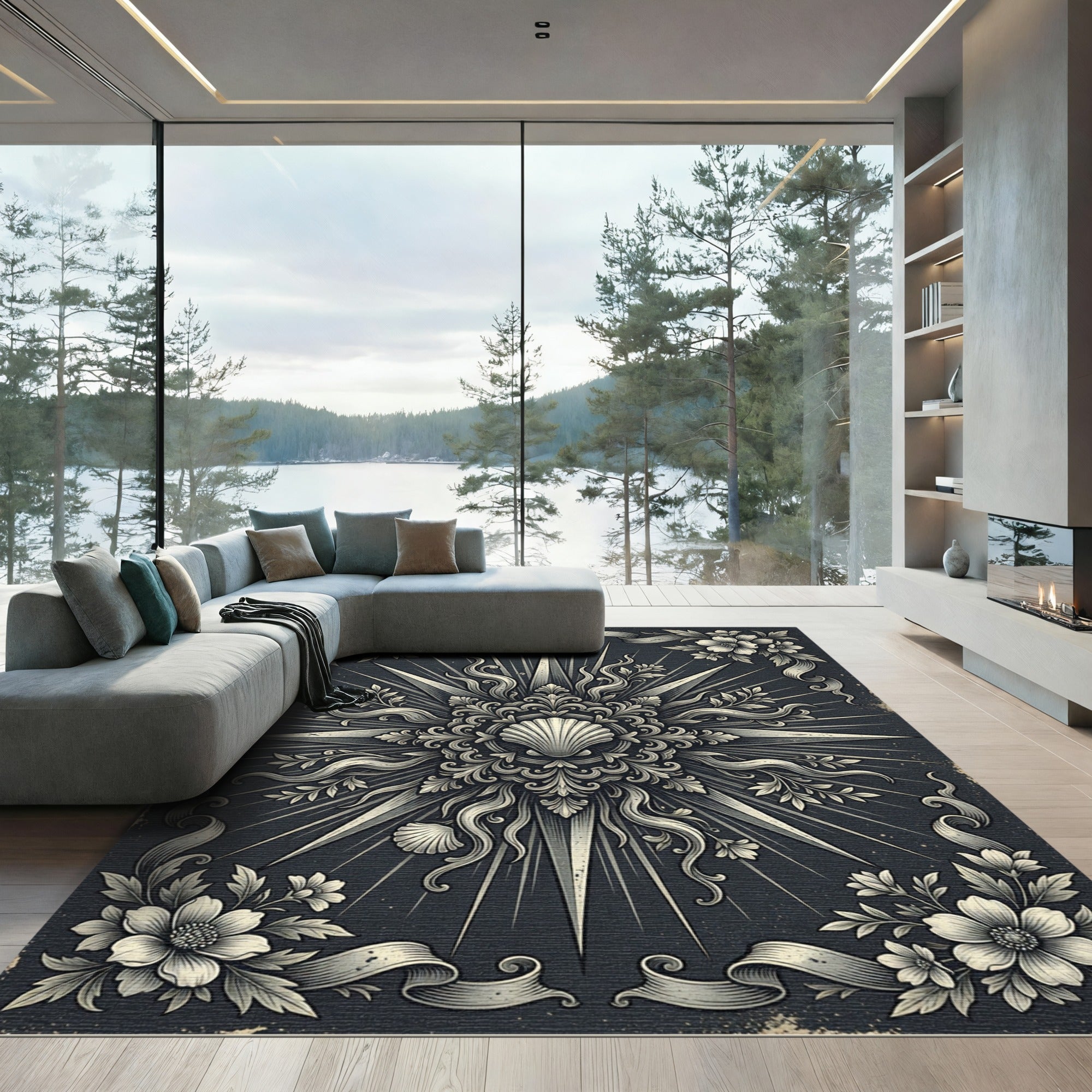 Vintage Charcoal Seashell Sunburst Damask Rug