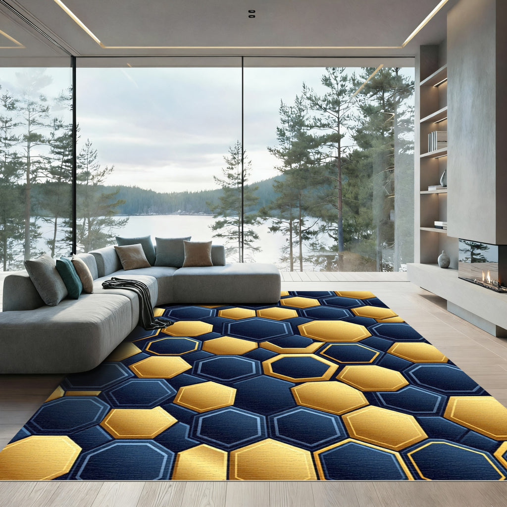 Modern Navy and Golden Hexagon Geometric Rug