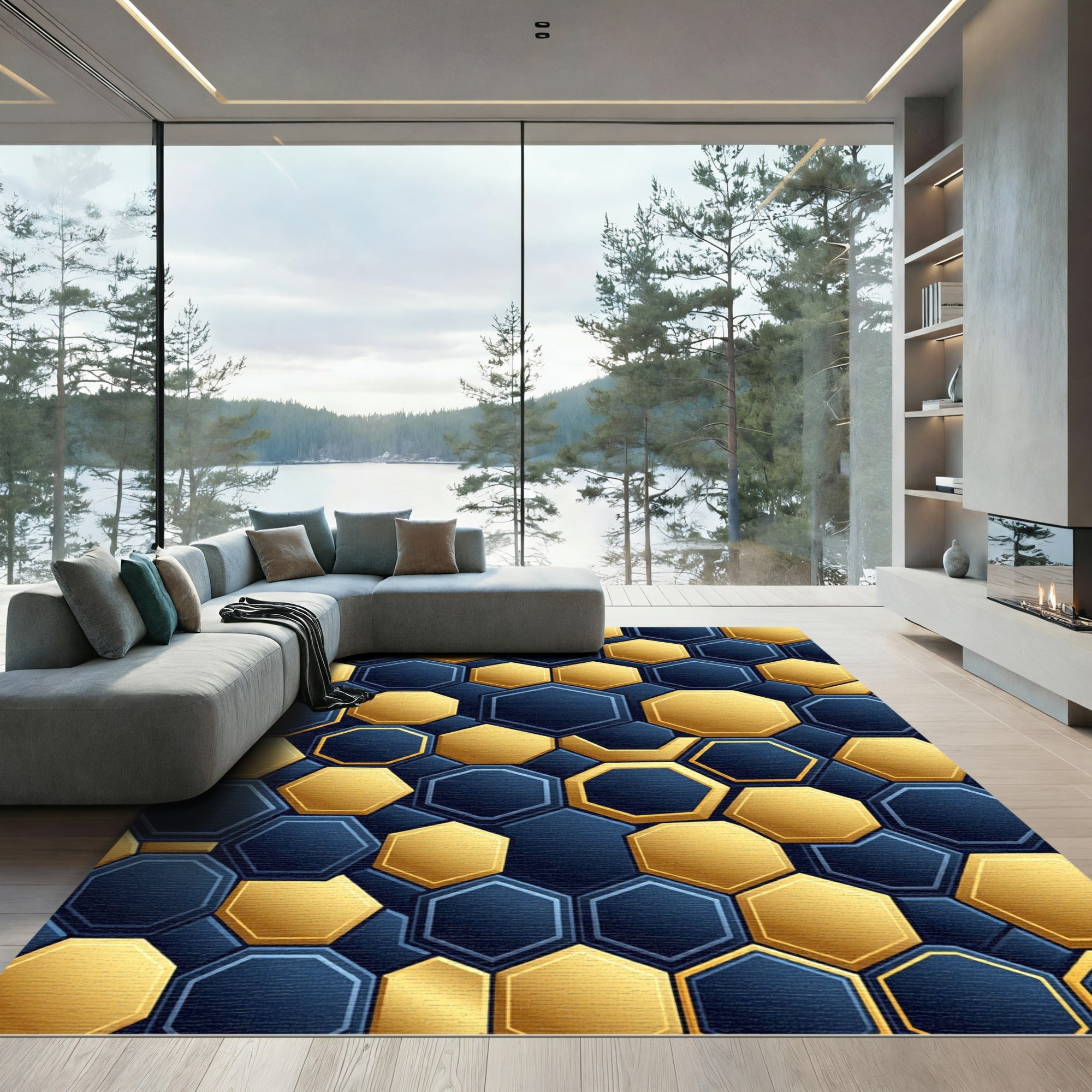 Modern Navy and Golden Hexagon Geometric Rug
