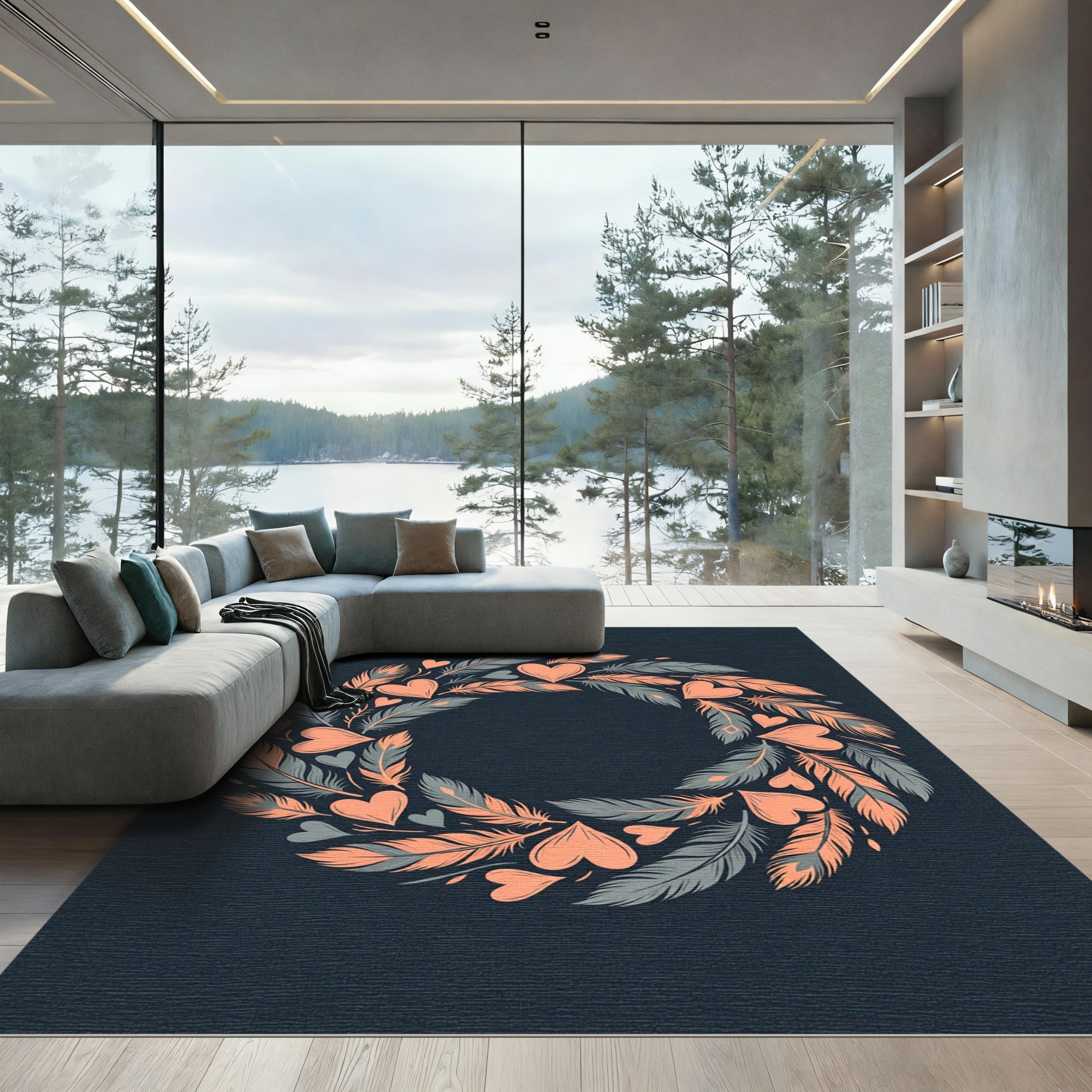 Boho Feather and Heart Wreath Rug